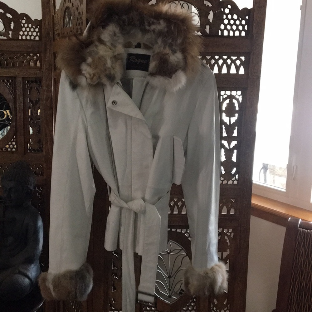 Rogue white leather jacket with fur and hood